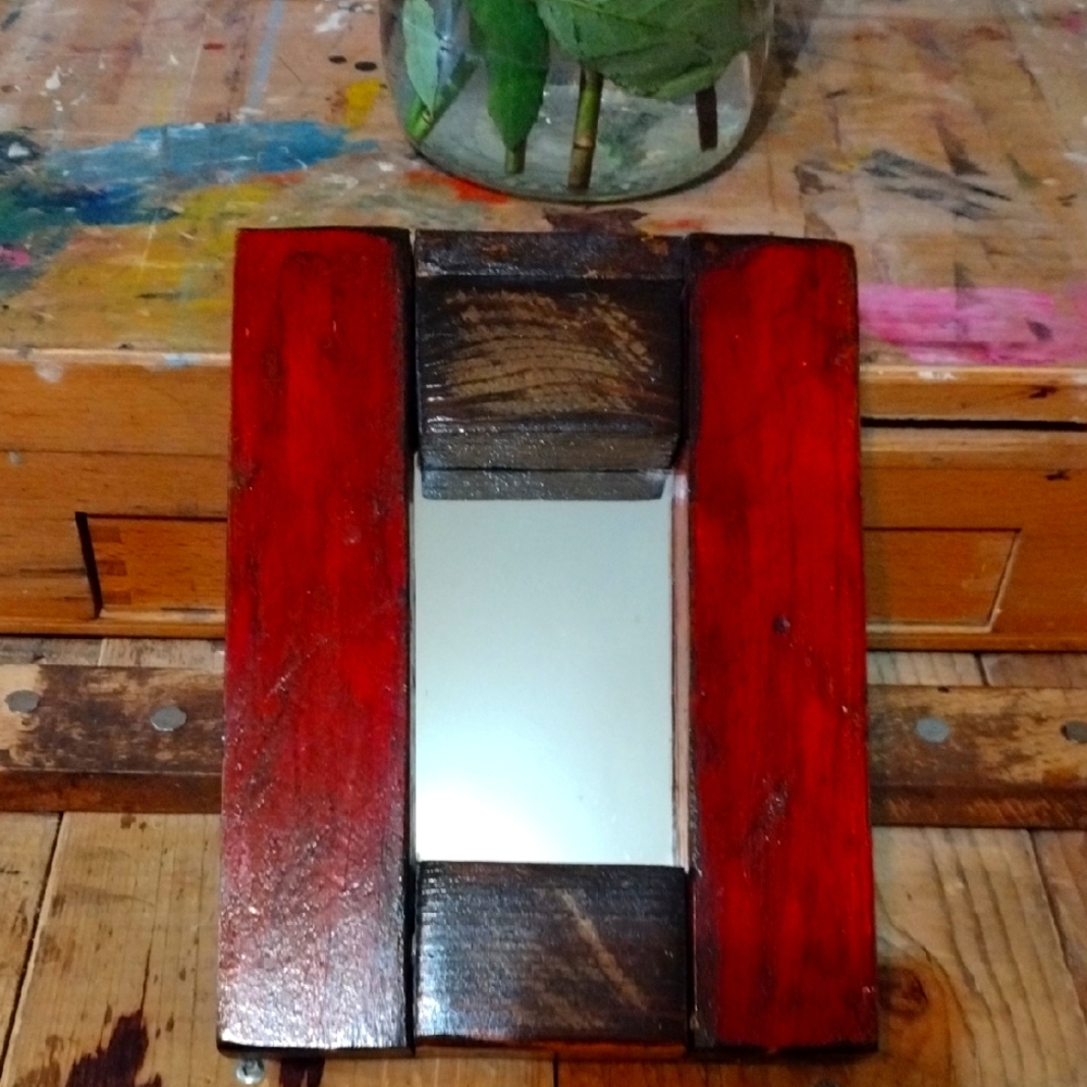 5/$25 Handcrafted Red and Brown Wooden Mirror Frame